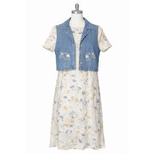 Vintage Studio Ease Petite Linen Dress Denim Vest Set Floral Cottagecore 6P USA